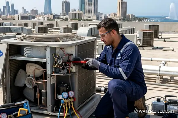 صورة مهنية توضح تنظيف كويل المكيف جدة من وثاب التكييف