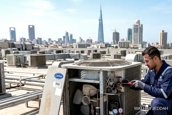 صورة مهنية توضح صيانة مكيفات وسط جدة من وثاب التكييف