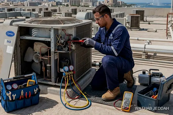 صورة مهنية توضح صيانة الوحدة الخارجية للمكيف جدة من وثاب التكييف
