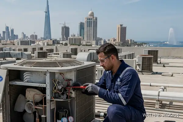 صورة مهنية توضح تعبئة فريون مكيف جدة من وثاب التكييف