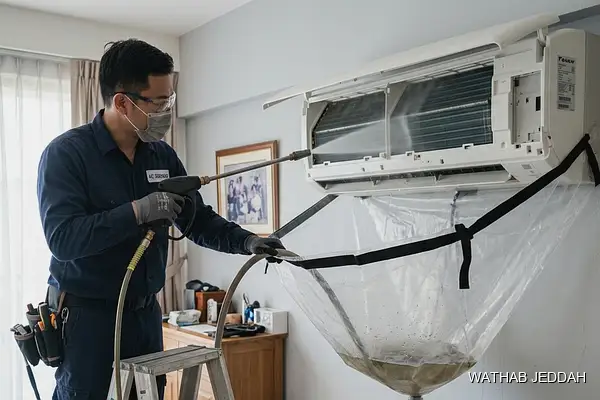 صورة مهنية توضح غسيل مكيف شباك جدة من وثاب التكييف