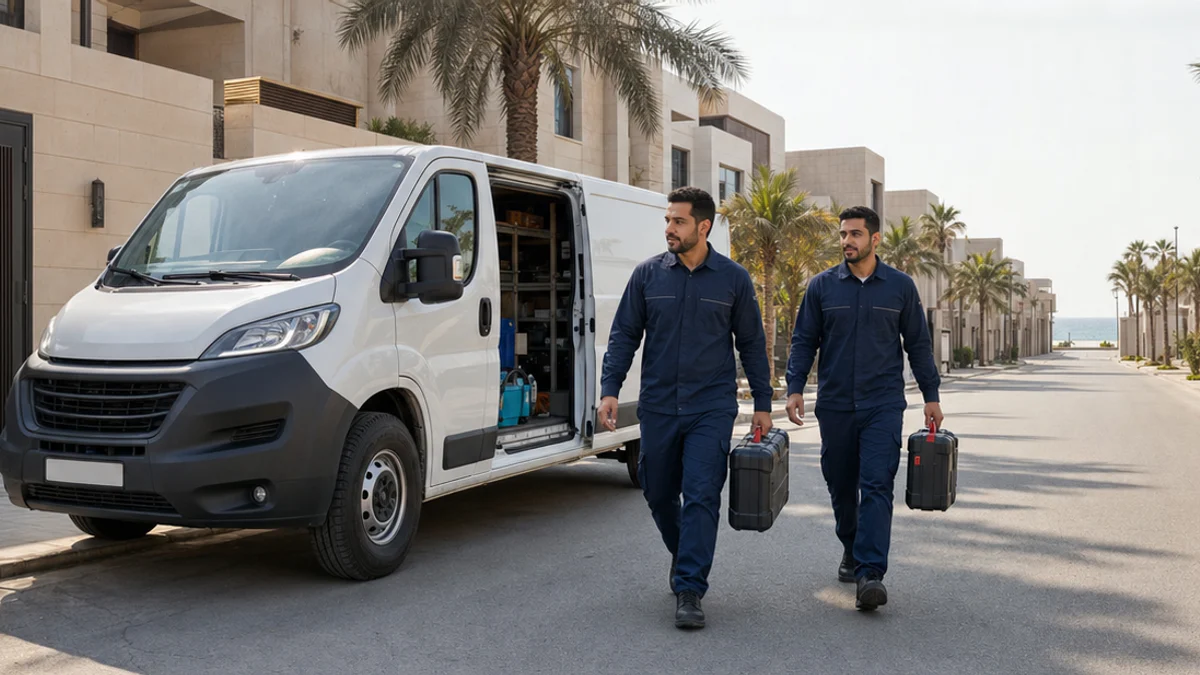 فريق تكييف يصل بسيارة خدمة مجهزة إلى موقع العميل في جدة